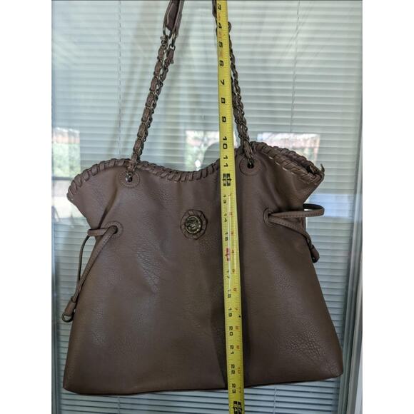 Dark Brown Pebbled Faux Leather Marion Slouchy Tote Gold Chain Bag Brass Horse - Picture 9 of 12